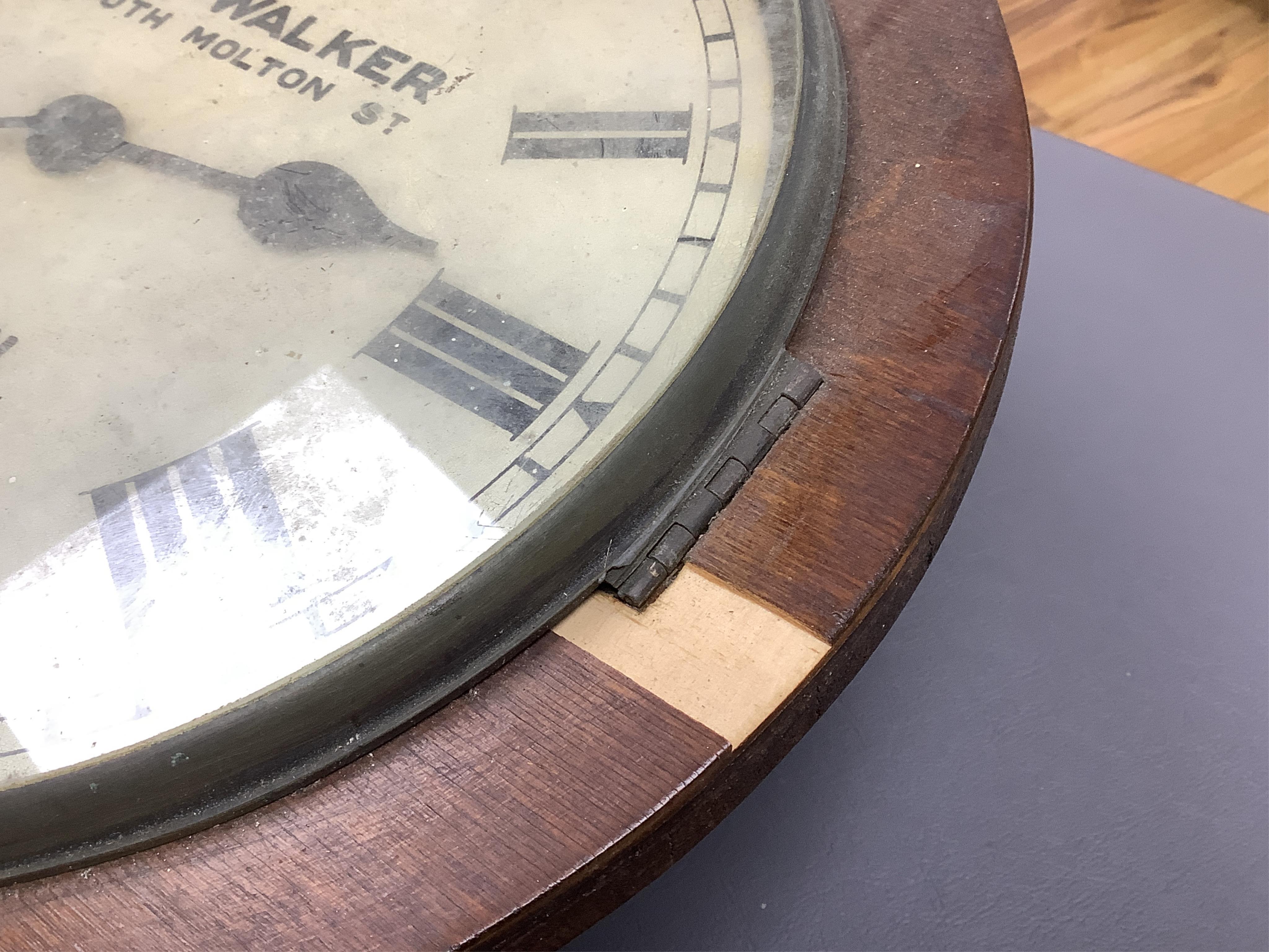 A railway timepiece (a.f.), the painted dial with; ’B.R.(S) John Walker 1, South Molton St. London 638.B’, indicating Southern Railway use, later repainted for Southern Region, with fusee eight day movement in a partiall